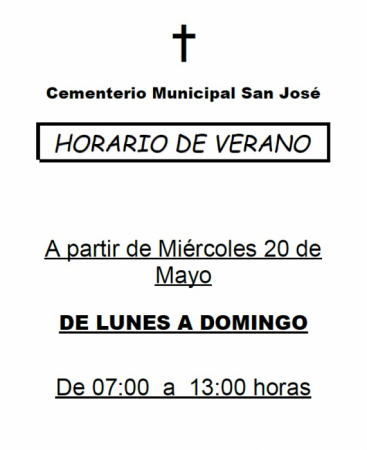 A PARTIR DEL MIÉRCOLES 20 DE MAYO EL CEMENTERIO MUNICIPAL SE ABRIRÁ EN HORARIO DE VERANO